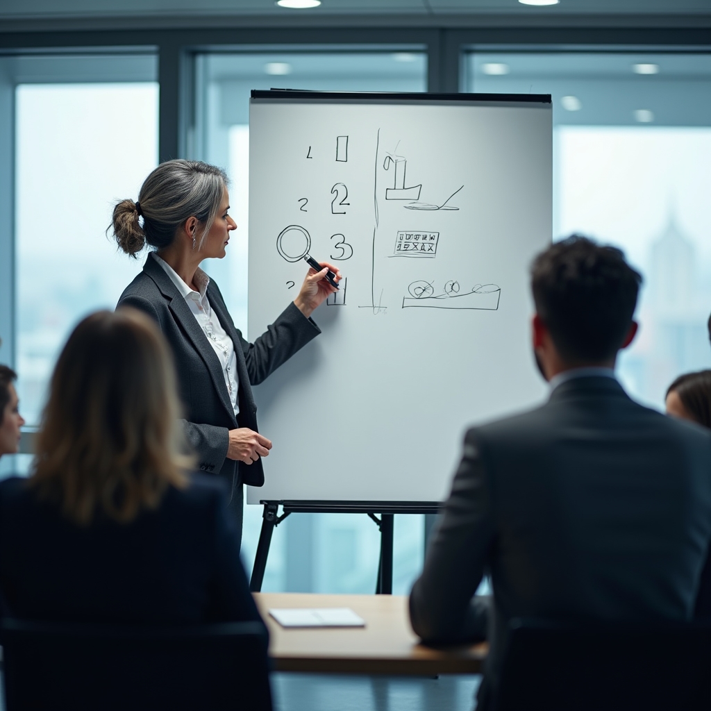 Lektor u whiteboardu zapisuje otázky k ověřování dat během workshopu